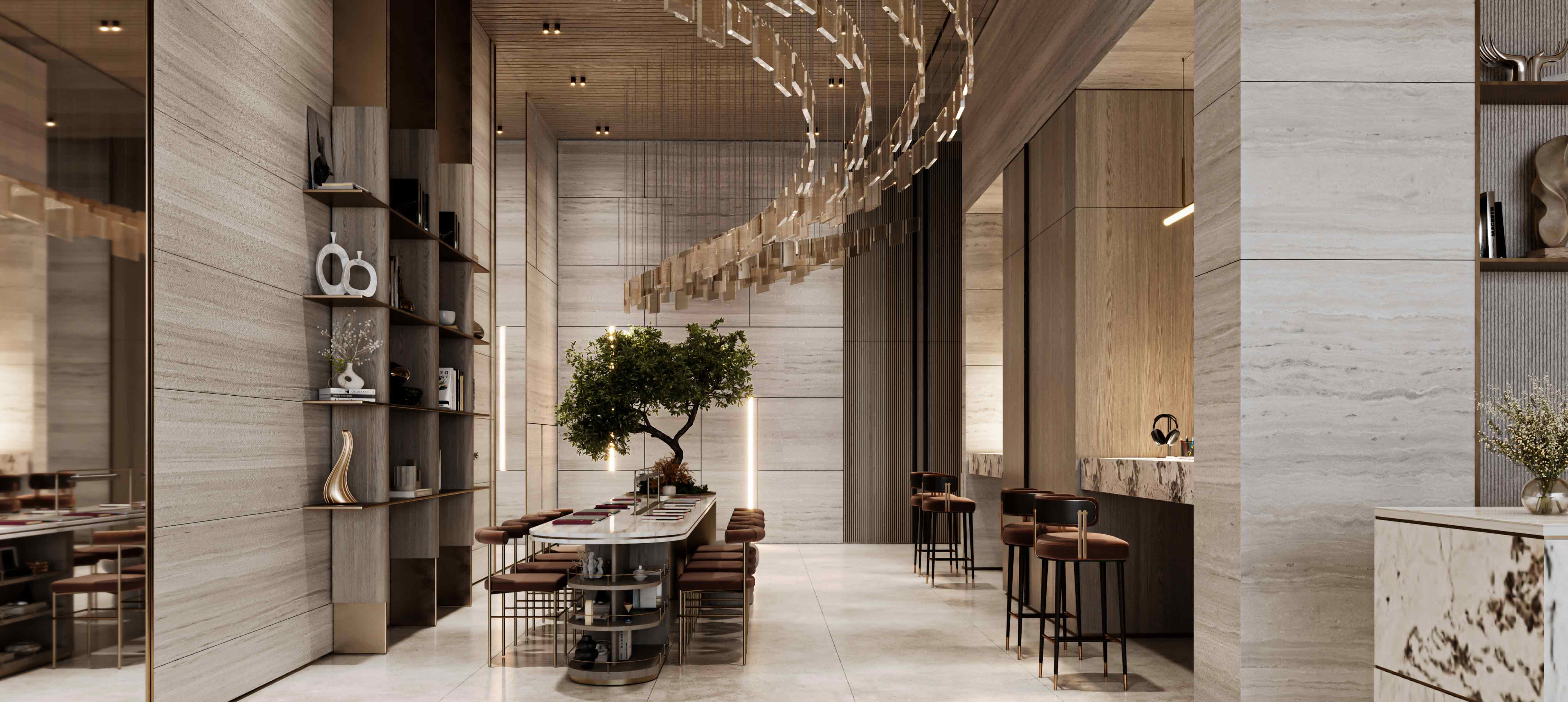 Le Blanc A modern interior featuring a dining area with elegant furniture, a tree centerpiece, and artistic decor elements.